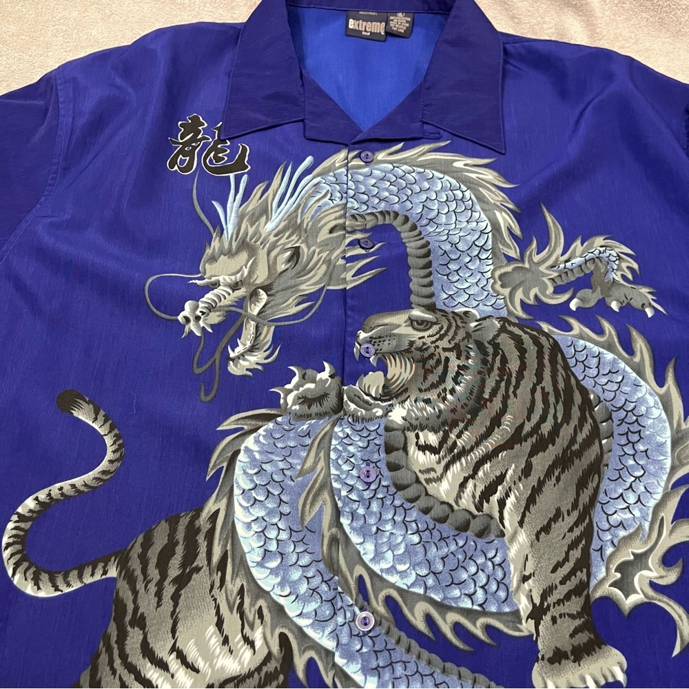 Extreme Limit XL Shirt Dragon Tiger Fight Button Up Polyester Short Sleeve